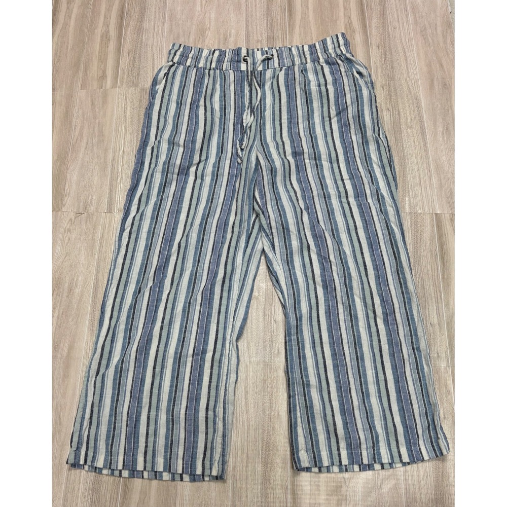 Naturals d&co Blue White Striped Linen Blend Wide Leg Crop Pants Petite Small